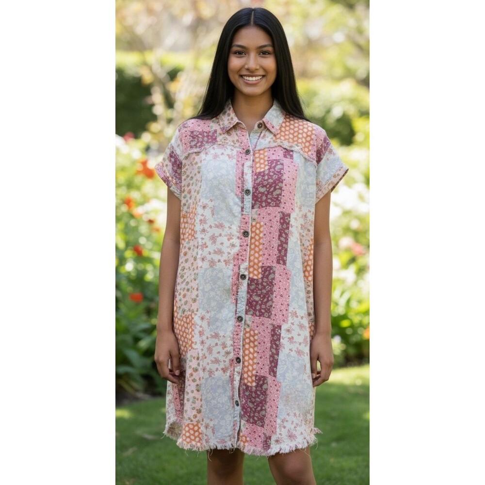 Easel NEW womens patchwork oversized boho raw seams button up shirt dress Medium